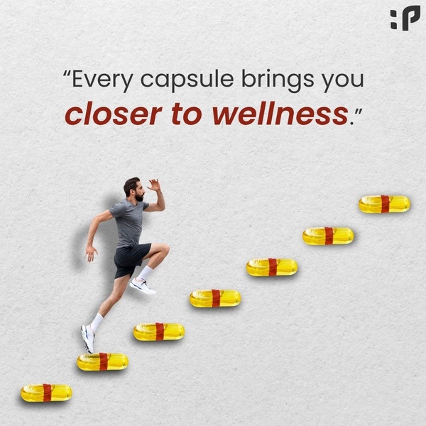 A minimalist ad creative showing a person jogging up a staircase formed by product capsules, visually representing a step-by-step health journey.